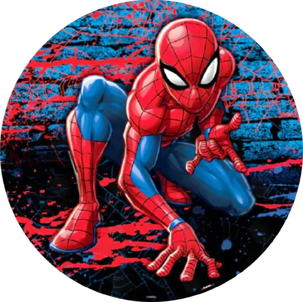Kulatý jedlý obrázek na dort – Spiderman, dřep u cihlové zdi s cákanci (červená, modrá, černá)