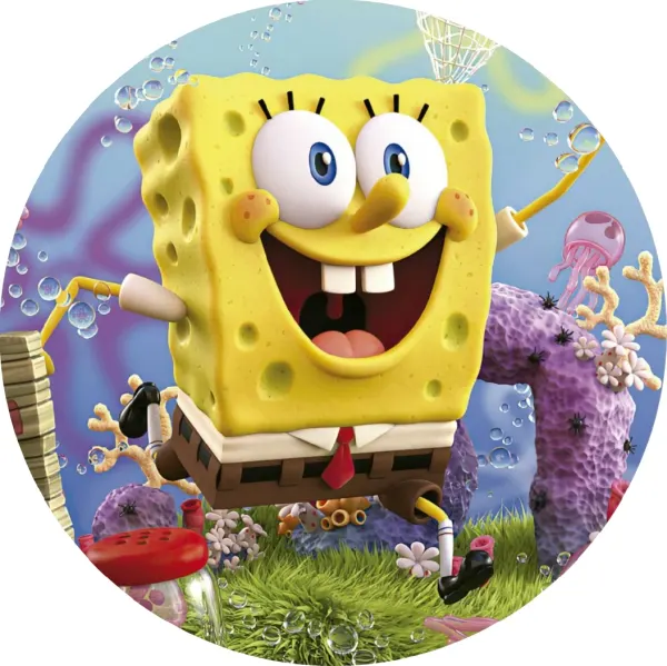 Kulatý jedlý obrázek na dort – SpongeBob, 3D styl s medúzami a bublinami (žlutá, modrá, fialová)