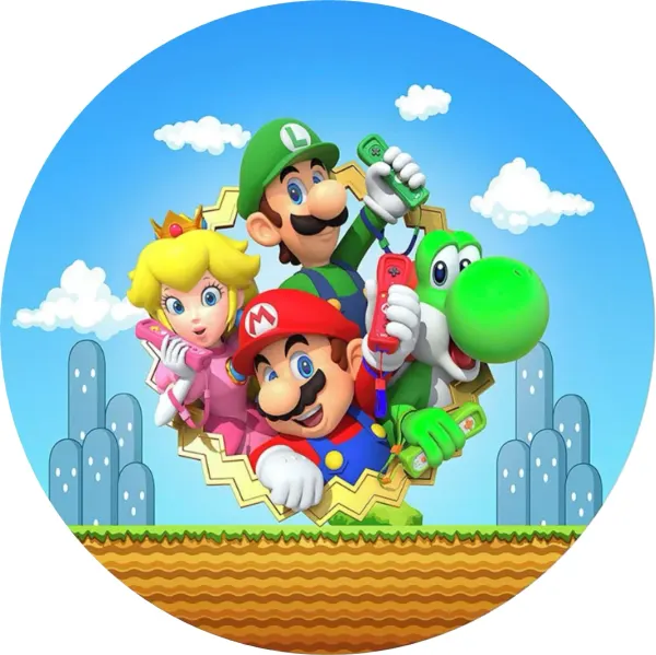 Kulatý jedlý obrázek na dort – Super Mario, hrdinové s herními ovladači (modrá, zelená, červená)