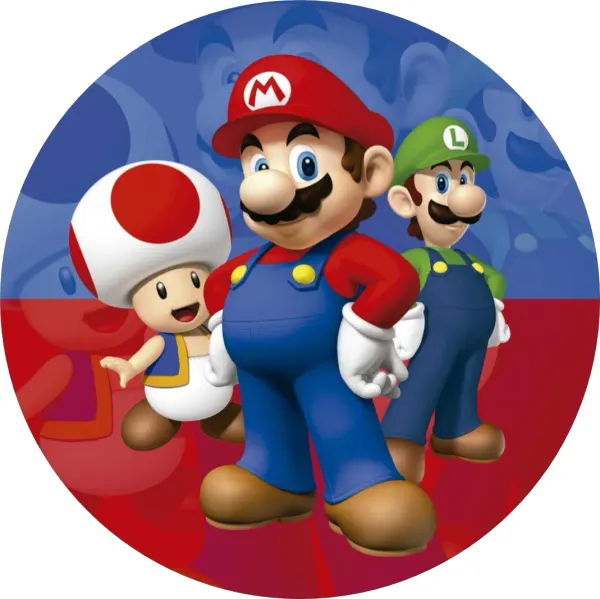 Kulatý jedlý obrázek na dort – Super Mario, Mario, Luigi a Toad na modro-červené (červená, modrá, bílá)