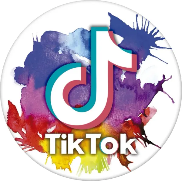 Kulatý jedlý obrázek na dort – TikTok, 3D nota a barevný akvarelový cákanec (duhová, tyrkysová, bílá)