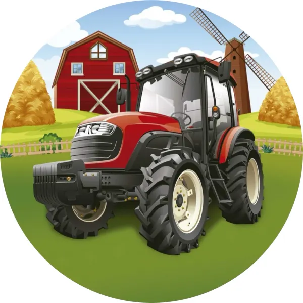 Kulatý jedlý obrázek na dort – Traktor, moderní červený a kupky sena (červená, zelená, modrá)
