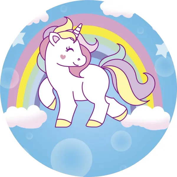 Kulatý jedlý obrázek na dort – Jednorožec, Unicorn: Poník na obláčcích s duhou (modrá, růžová, duhová)