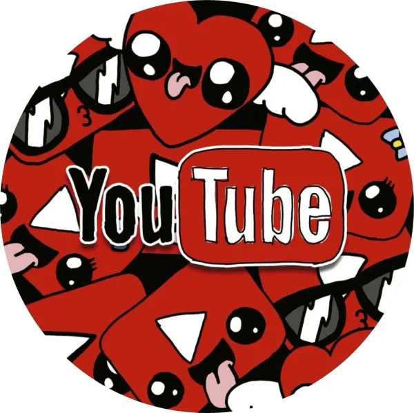Kulatý jedlý obrázek na dort – YouTube, nápis, srdíčka a komiksové tváře (červená, černá, bílá)
