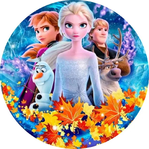 Kulatý jedlý obrázek na dort – Frozen, Elsa a přátelé s podzimním lemem (modrá, žlutá, bílá)