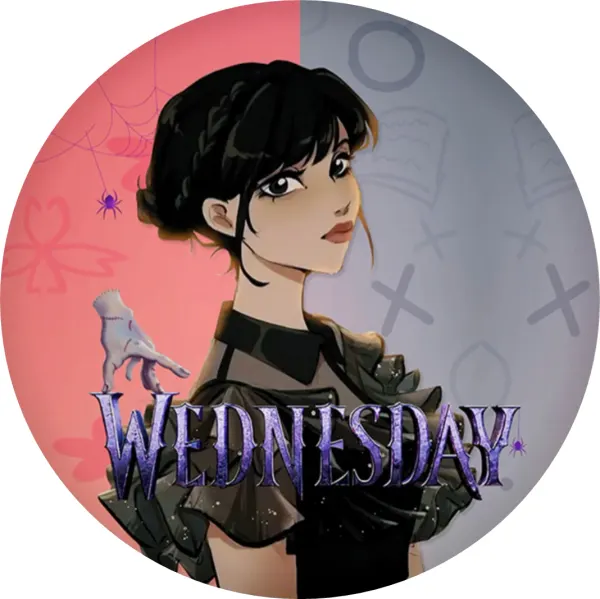 Kulatý jedlý obrázek na dort – Wednesday, plesové šaty, Věc a nápis (černá, růžová, šedá)