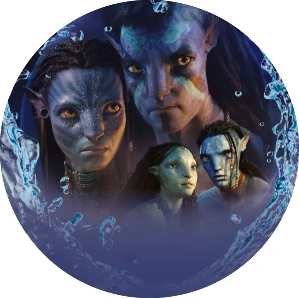 Kulatý jedlý obrázek na dort – Avatar, čtyři postavy Na'vi a kapky vody (modrá, fialová, tyrkysová)