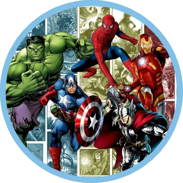 Kulatý jedlý obrázek na dort – Avengers, hrdinové na komiksovém pozadí (modrá, červená, zelená)