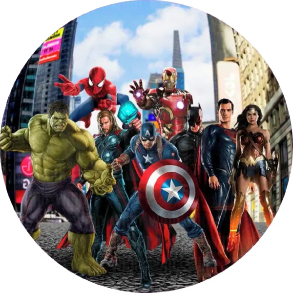 Kulatý jedlý obrázek na dort – Avengers, tým v ulici mezi billboardy (modrá, červená, zelená)