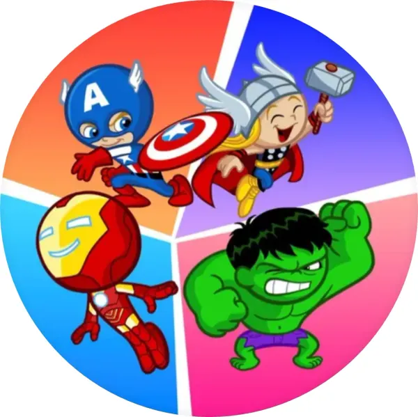 Kulatý jedlý obrázek na dort – Avengers, animovaná čtveřice ve 4 výsečích (modrá, červená, zelená)