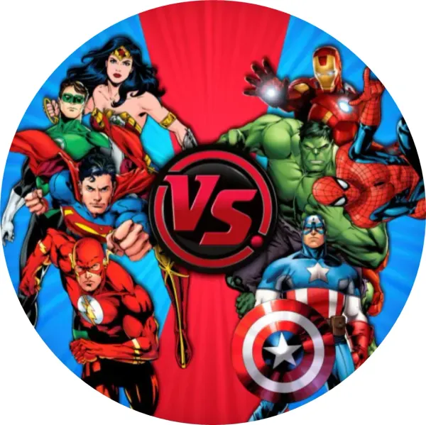 Kulatý jedlý obrázek na dort – Avengers vs Justice League, souboj hrdinů (červená, modrá)