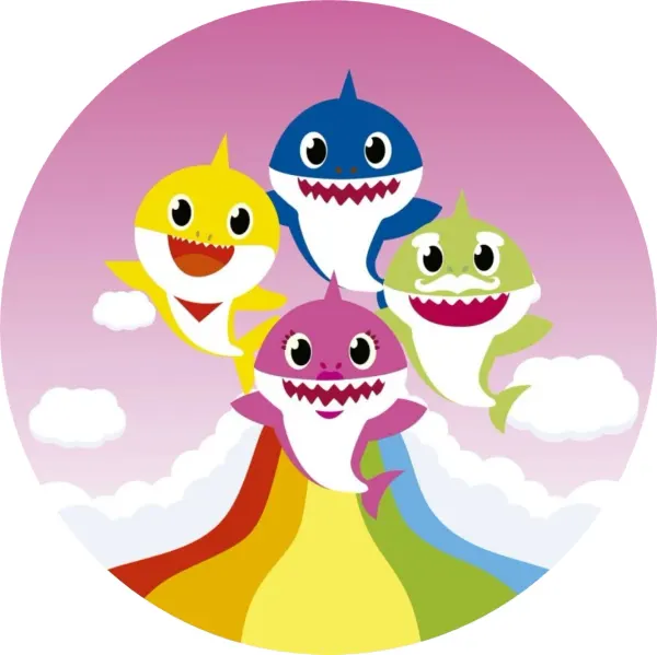 Kulatý jedlý obrázek na dort – Baby Shark, žraločí rodinka u duhy na nebi (růžová, žlutá, modrá)