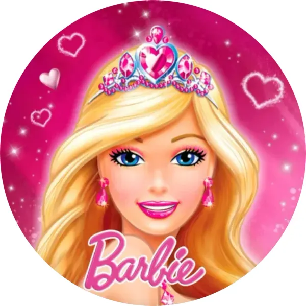 Kulatý jedlý obrázek na dort – Barbie, s tiárou a srdíčky na fuchsiovém pozadí (růžová, žlutá, bílá)