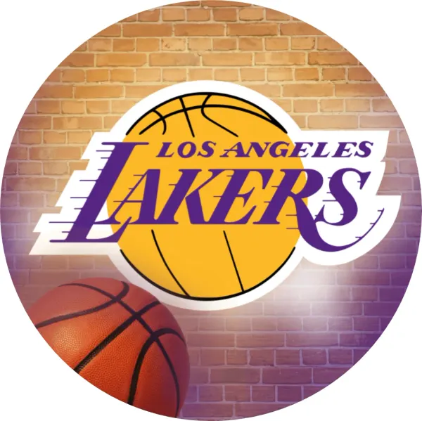 Kulatý jedlý obrázek na dort – Basketbal, Lakers (žlutá, fialová, hnědá)