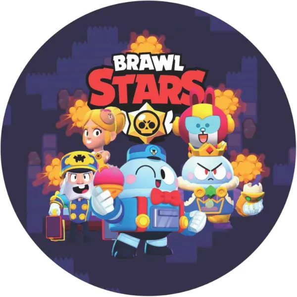 Kulatý jedlý obrázek na dort – Brawl Stars, robot Lou se zmrzlinou a hrdinové (fialová, modrá, červená)