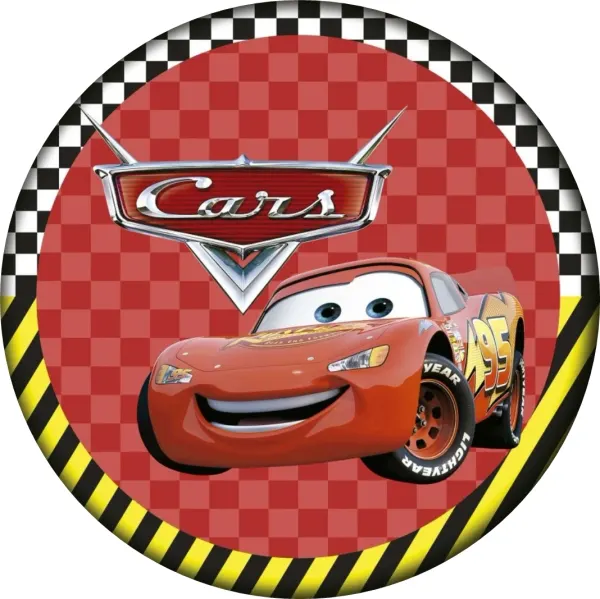 Kulatý jedlý obrázek na dort – Cars, McQueen s logem a šachovnicí (červená, černá, žlutá)
