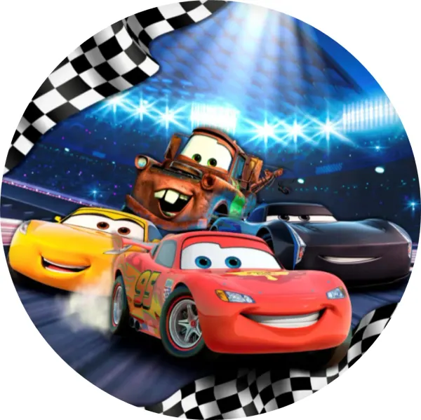 Kulatý jedlý obrázek na dort – Cars, McQueen a soupeři na stadionu (červená, modrá, žlutá)