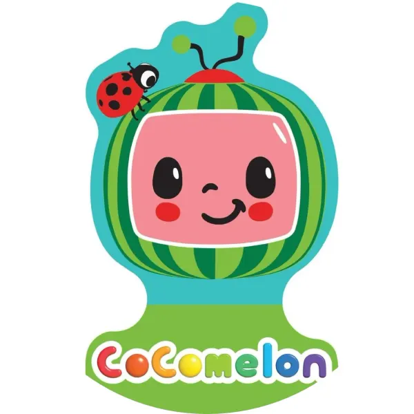Kulatý jedlý obrázek na dort – Cocomelon, melounek s beruškou a nápis (zelená, tyrkysová, červená)