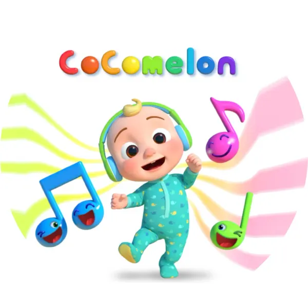 Kulatý jedlý obrázek na dort – Cocomelon, tančící JJ se sluchátky a noty (tyrkysová, bílá, růžová)