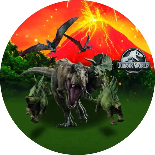 Kulatý jedlý obrázek na dort – Dinosaur, T-Rex u soptícího vulkánu (zelená, červená, černá)