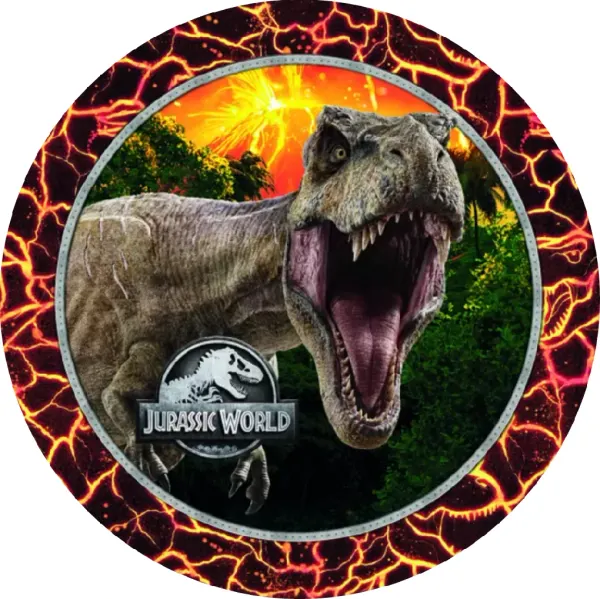 Kulatý jedlý obrázek na dort – Dinosaurus, Jurassic World T-Rex a sopka (červená, hnědá, zelená)