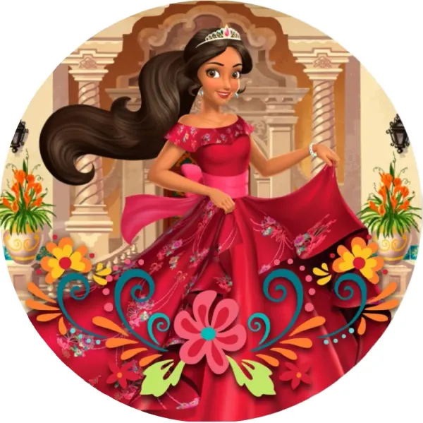 Kulatý jedlý obrázek na dort – Elena z Avaloru, na nádvoří paláce s ornamenty (červená, růžová, hnědá)