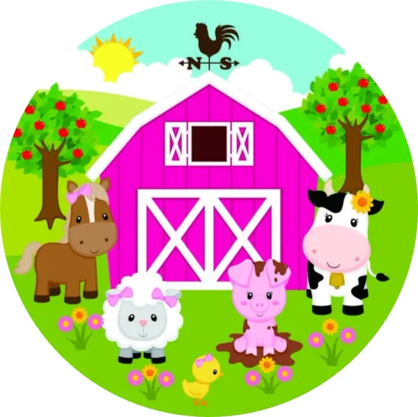 Kulatý jedlý obrázek na dort – Farma (růžová, zelená, bílá)