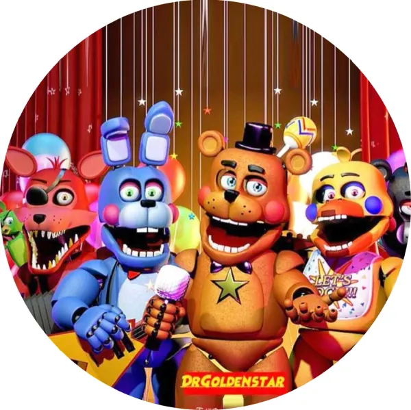 Kulatý jedlý obrázek na dort – Five Nights at Freddy's, parta u opony (červená, hnědá, modrá)