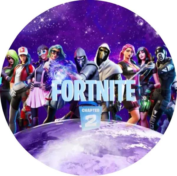 Kulatý jedlý obrázek na dort – Fortnite, Hrdinové z Chapter 2 ve vesmíru (fialová, modrá, bílá)