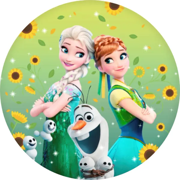 Kulatý jedlý obrázek na dort – Frozen, sestry se slunečnicemi a sněhuláčky (zelená, žlutá, modrá)
