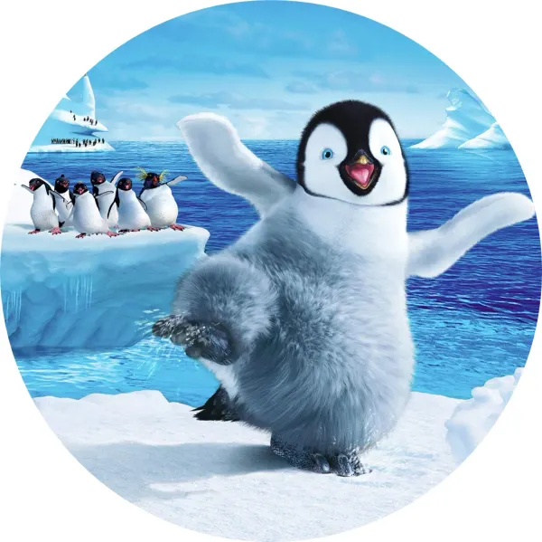 Kulatý jedlý obrázek na dort – Happy Feet (modrá, bílá, šedá)