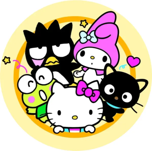 Kulatý jedlý obrázek na dort – Hello Kitty, s přáteli a hvězdičkami (růžová, černá, bílá)