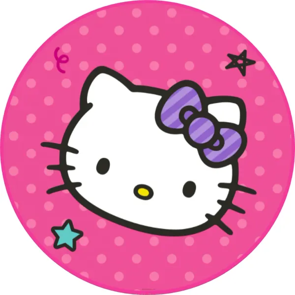 Kulatý jedlý obrázek na dort – Hello Kitty, fialová mašle a konfety (růžová, bílá, fialová)