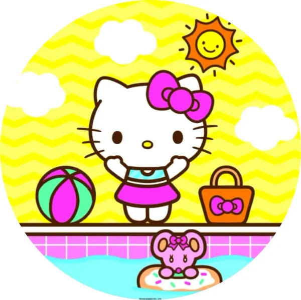 Kulatý jedlý obrázek na dort – Hello Kitty, letní scéna u bazénu (žlutá, růžová, modrá)