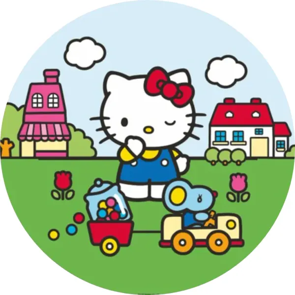 Kulatý jedlý obrázek na dort – Hello Kitty, v lacláčích s myškou v autíčku (modrá, zelená, červená)