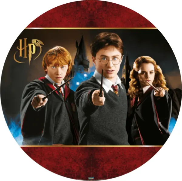 Kulatý jedlý obrázek na dort – Harry Potter, trojice v bordó rámu (červená, černá, zlatá)