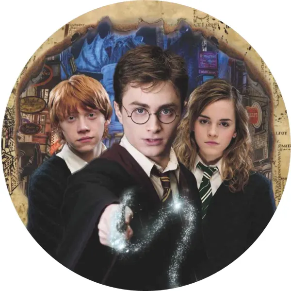 Kulatý jedlý obrázek na dort – Harry Potter, trojice přátel a kouzlo (hnědá, černá, zlatá)