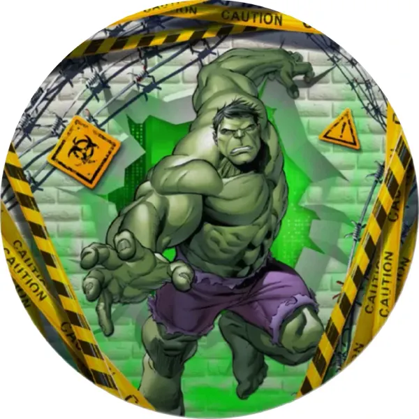 Kulatý jedlý obrázek na dort – Hulk, průraz zdí a páska Caution (zelená, žlutá, šedá)