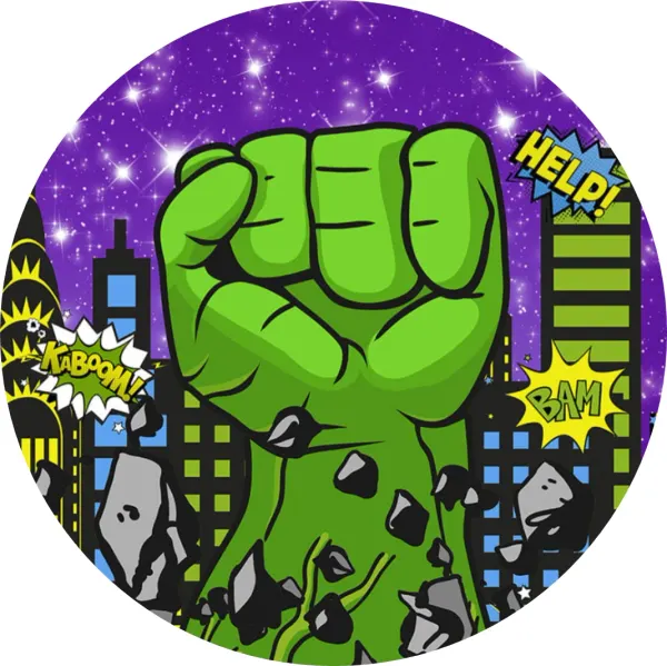 Kulatý jedlý obrázek na dort – Hulk, pěst a komiksové bubliny nad městem (zelená, fialová, černá)
