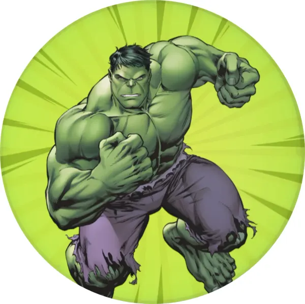 Kulatý jedlý obrázek na dort – Hulk, ve skoku na paprskovém pozadí (zelená, fialová, černá)