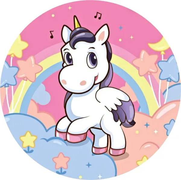 Kulatý jedlý obrázek na dort – Jednorožec, Unicorn: Okřídlený s notami a balonky (růžová, modrá, bílá)