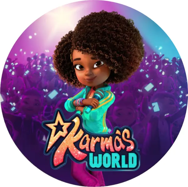 Kulatý jedlý obrázek na dort – Karmas World, koncert s publikem a logem (fialová, tyrkysová, růžová)