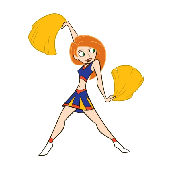 Kulatý jedlý obrázek na dort – Kim Possible, roztleskávačka s pompony (žlutá, modrá, bílá)