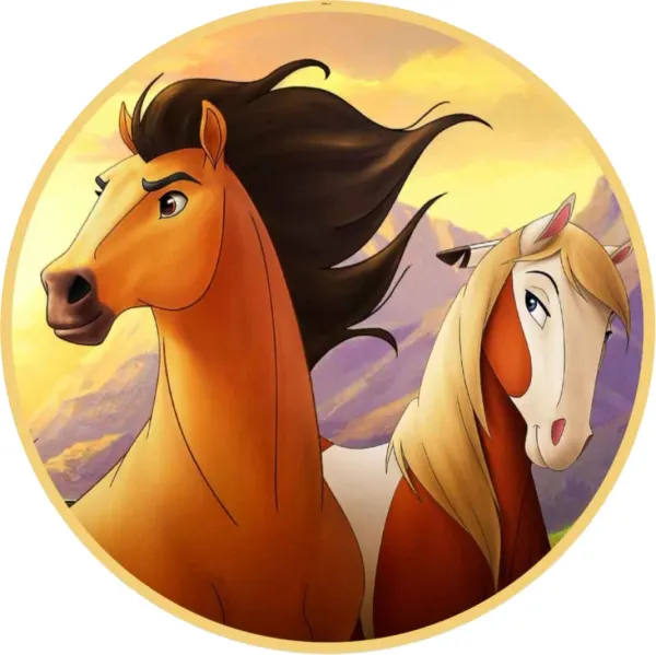 Kulatý jedlý obrázek na dort – Kůň Spirit, mustang se strakatou klisnou (hnědá, žlutá, bílá)