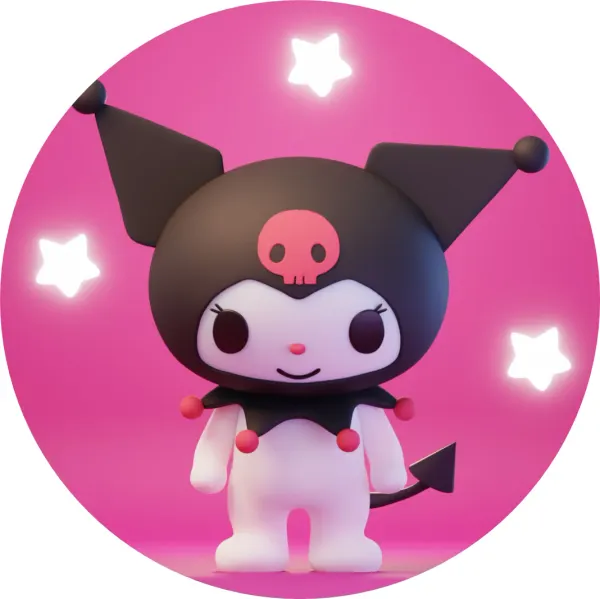 Kulatý jedlý obrázek na dort – Kuromi, 3D postavička a růžové pozadí (růžová, černá, bílá)