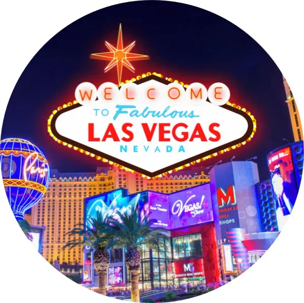 Kulatý jedlý obrázek na dort – Las Vegas, uvítací cedule, palmy a kasina (modrá, červená, černá)