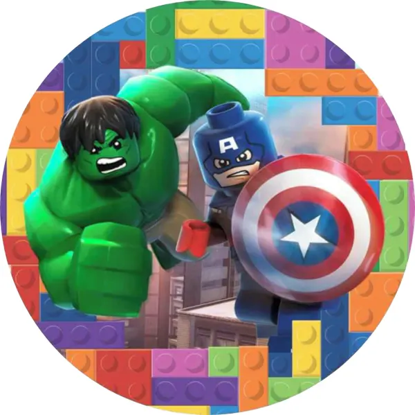 Kulatý jedlý obrázek na dort – Lego Avengers (zelená, modrá, červená)