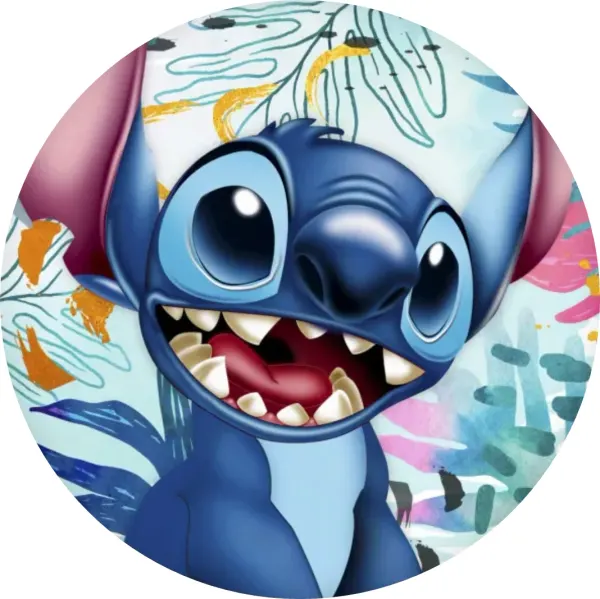 Kulatý jedlý obrázek na dort – Lilo a Stitch, Stitch a tropické akvarelové listy (modrá, tyrkysová, růžová)