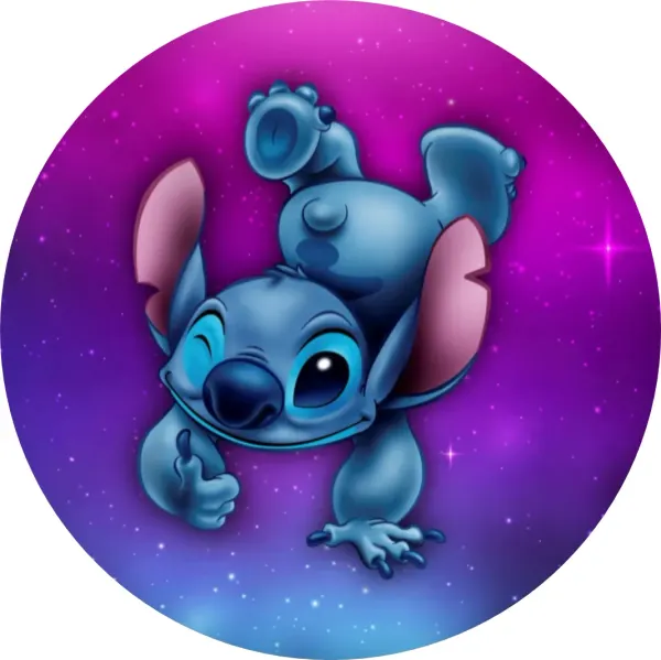 Kulatý jedlý obrázek na dort – Lilo a Stitch, Stitch na rukou ve vesmíru (fialová, modrá, růžová)