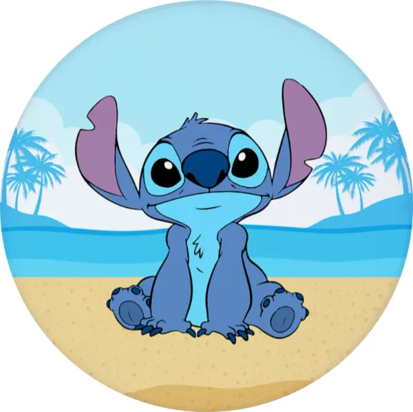 Kulatý jedlý obrázek na dort – Lilo a Stitch, Stitch na pláži u moře s palmami (modrá, tyrkysová, žlutá)